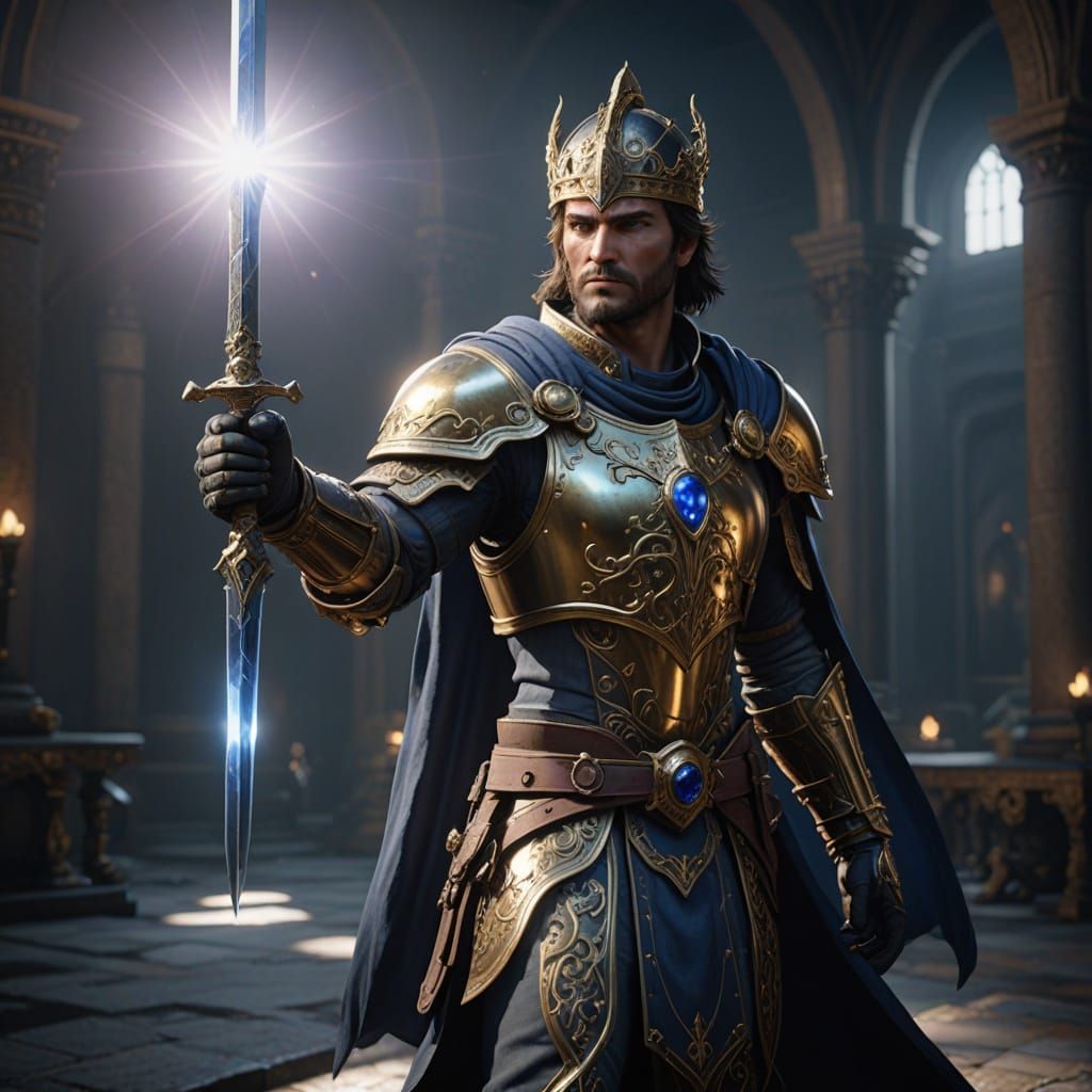 Epic Fantasy Sword with Oval Sapphire Pommel in Golden Light