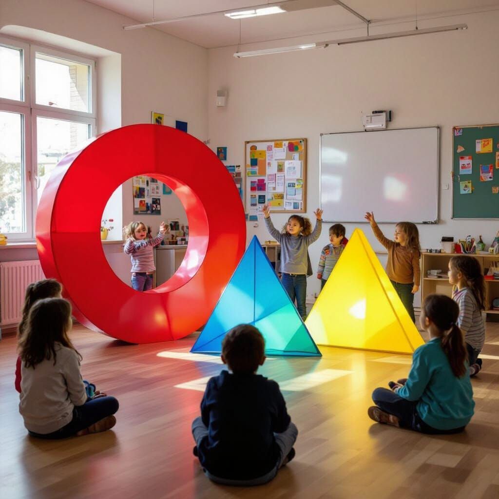 Happy First Graders Play With Vibrant Geometric Shapes
