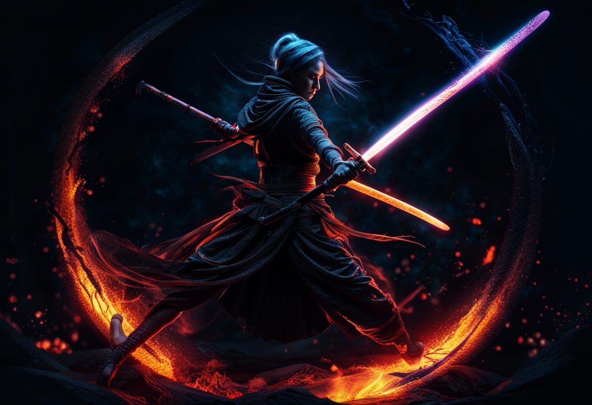 Ethereal Ninja Woman with Fire Katana