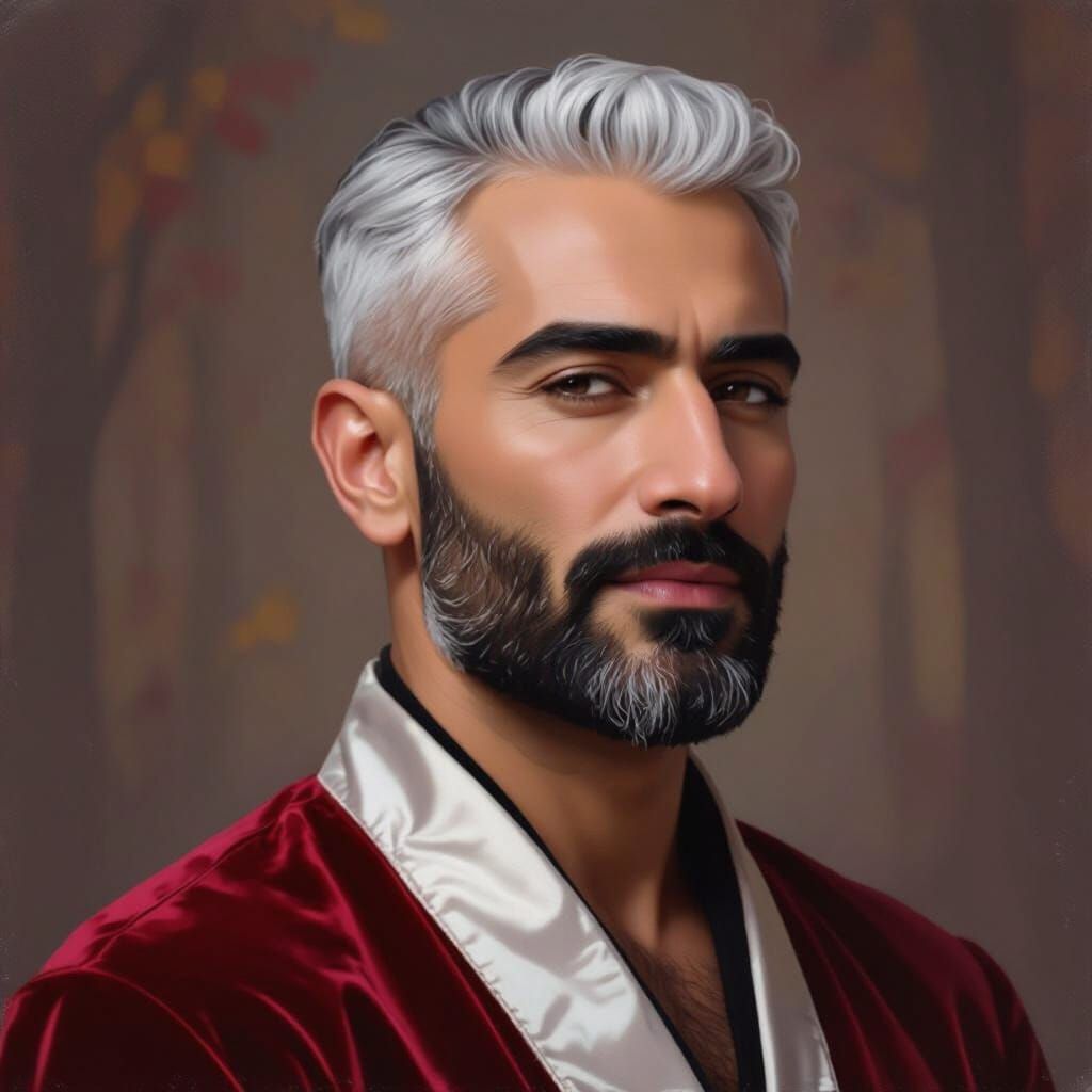 Handsome Man in Red Velvet Robe, Autumn Forest Portrait