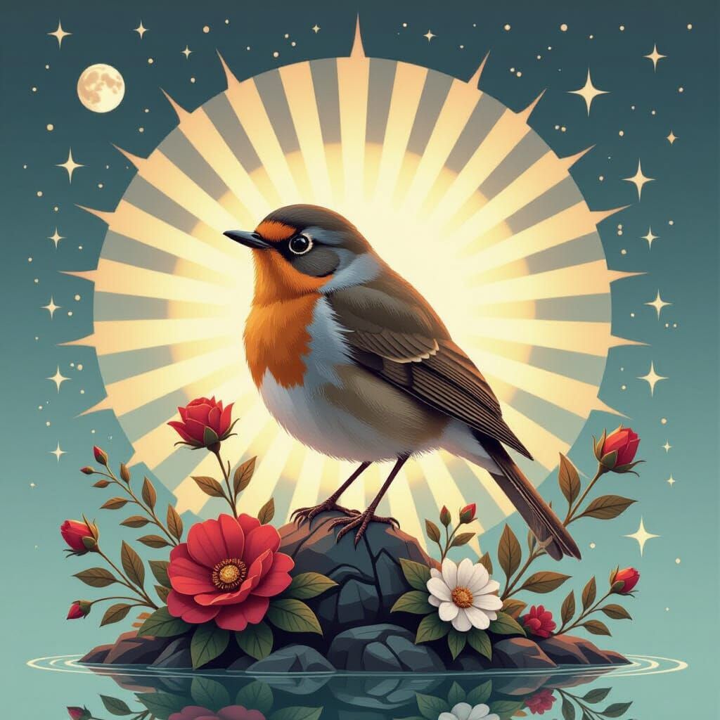 Surreal Robin Bird in Dark Fantasy Landscape