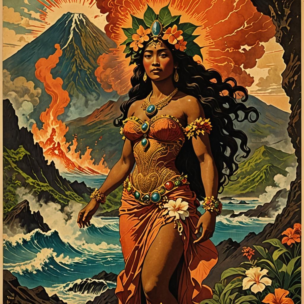 Pele: Hawaiian Goddess in Art Nouveau Style