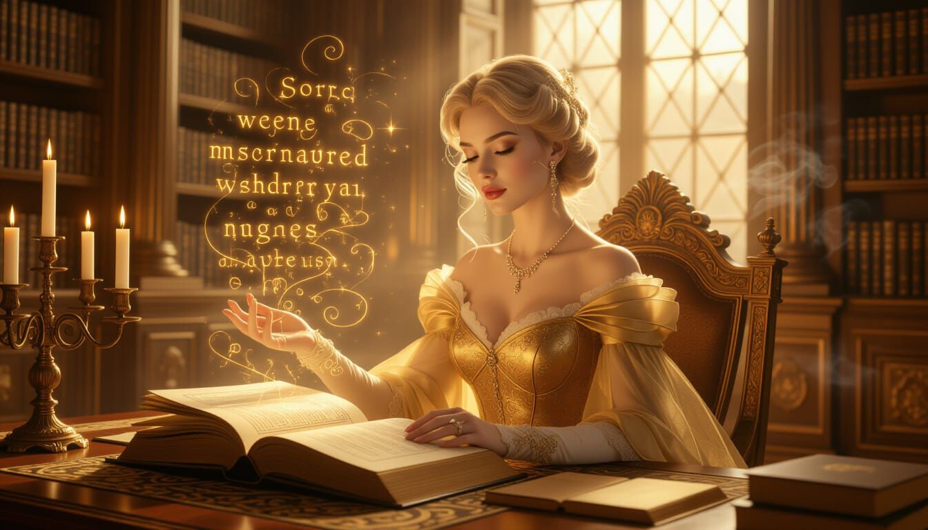 Aristocratic Woman Writing in Golden Library