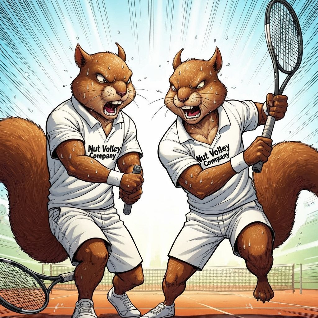 Stressed Squirrels Play Tennis in Comic Book Style