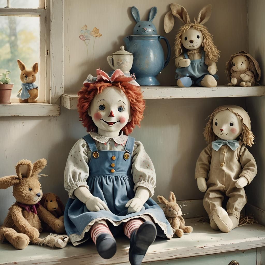A Raggedy Ann doll and a worn velveteen rabbit are on the shelf in the playroom