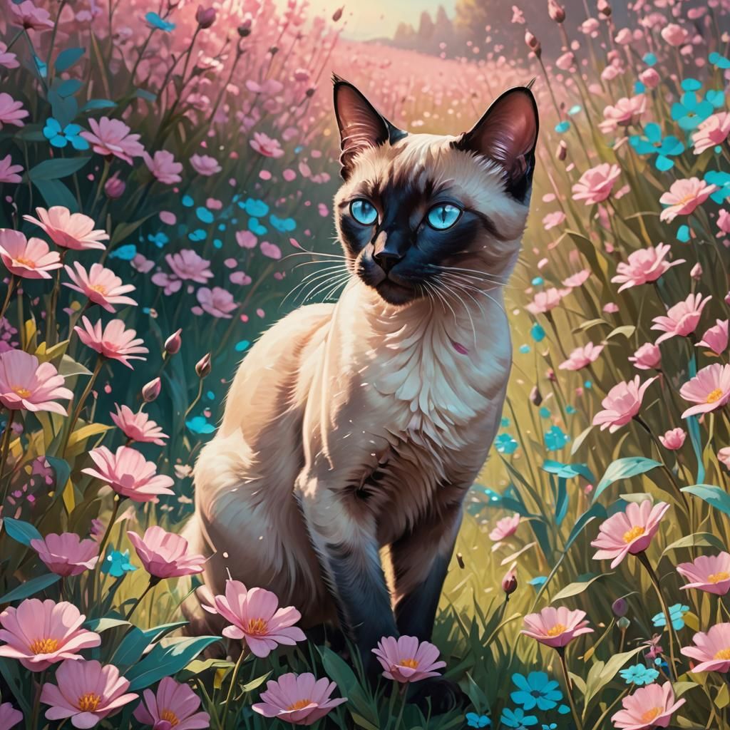 Siamese Cat in Fantasy Flower Garden
