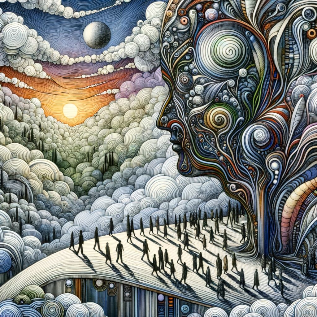 Surreal Crowded Solitude in Abstract Op-Art Style