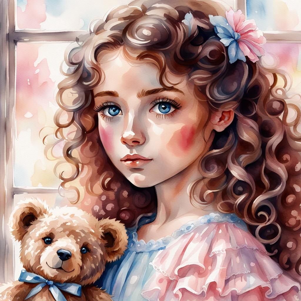 Watercolor Portrait of Girl with Teddy Bear