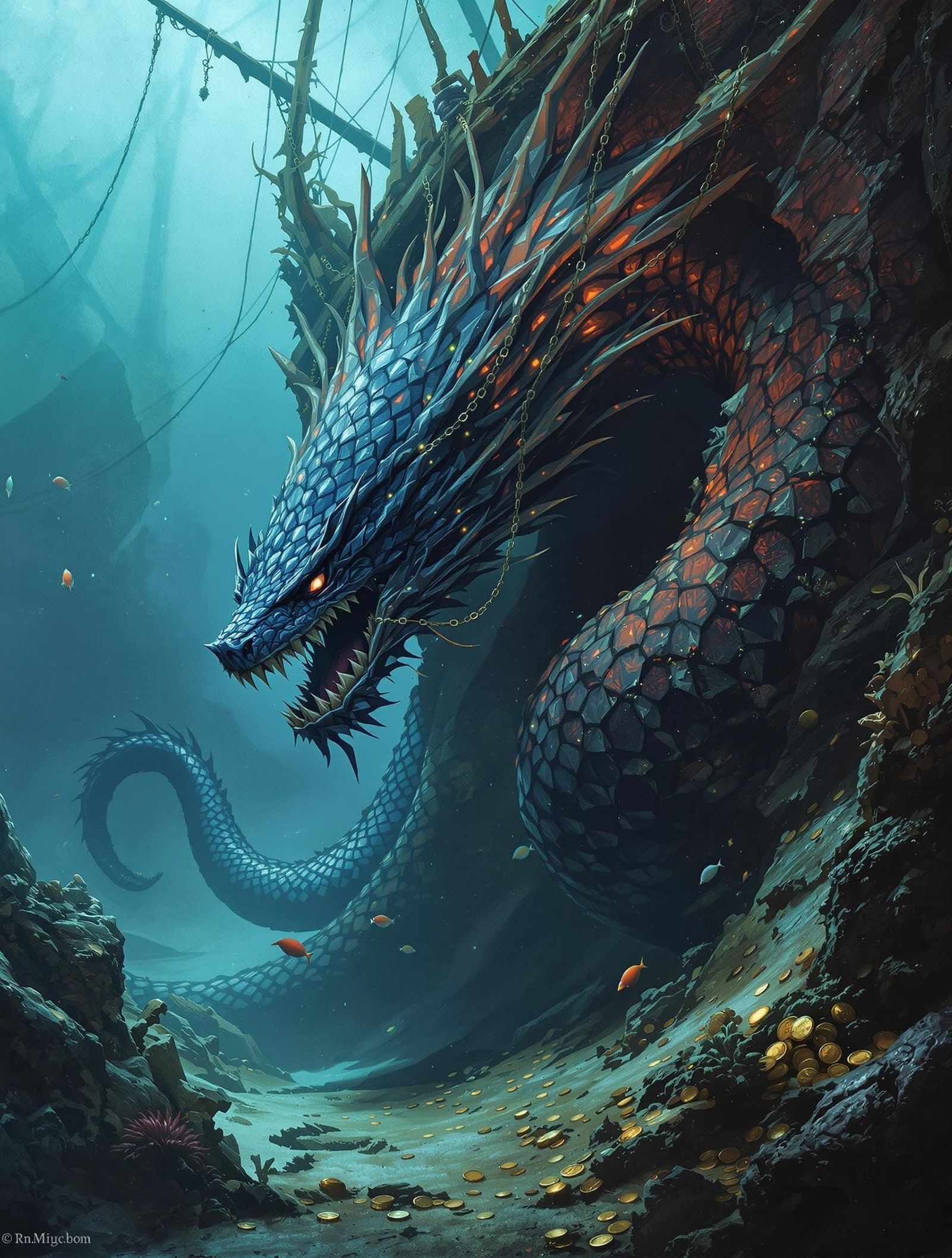 Mystical Leviathan Amidst Sunken Shipwreck