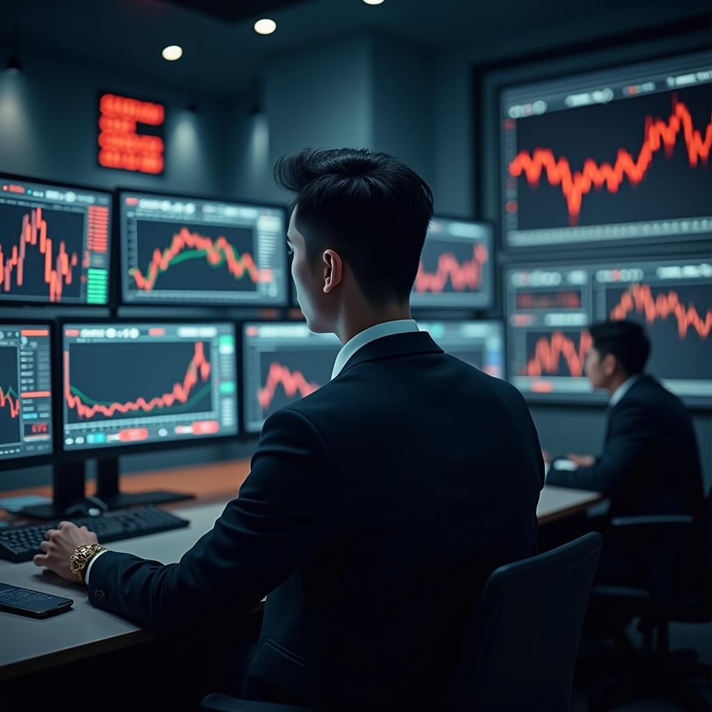 Asian Businessman in Trading Room: Futuristic Concept Art