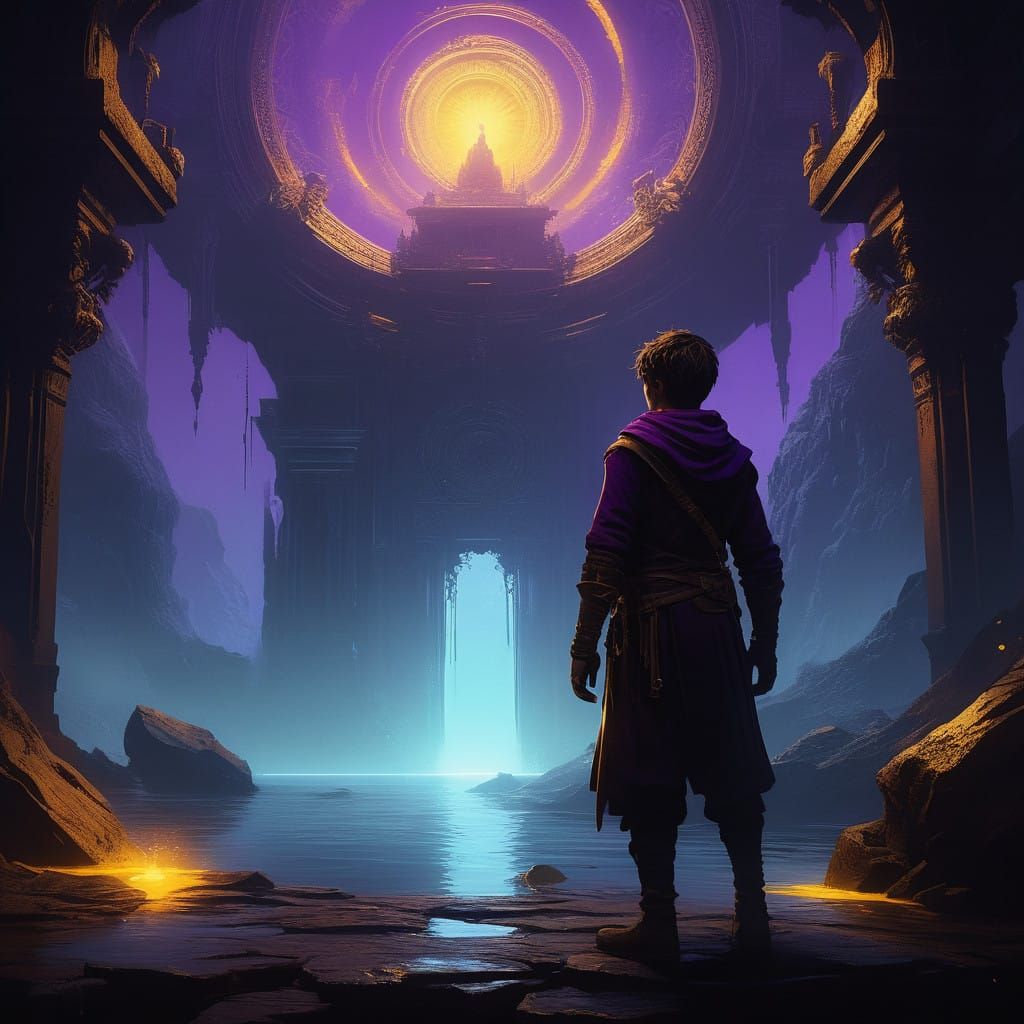 Heroic Boy in Dark Fantasy Landscape