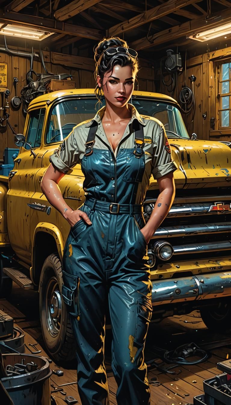 Gritty Cyberpunk Female Mechanic in Industrial Garage