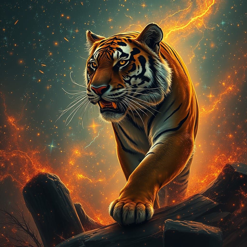 Ethereal Tiger Illuminated by Celestial Spears in Vibrant Ar...
