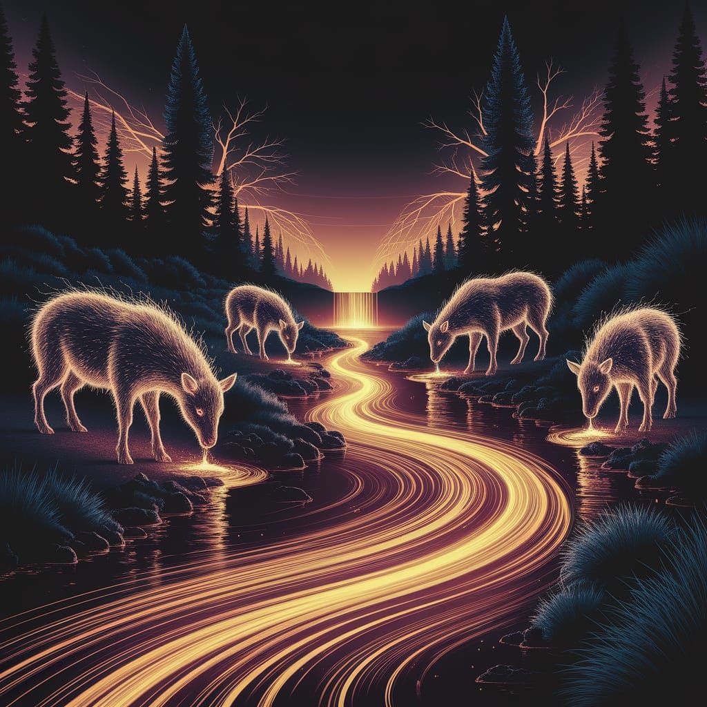 Surreal Dreamscape of Energy Animals and Golden River