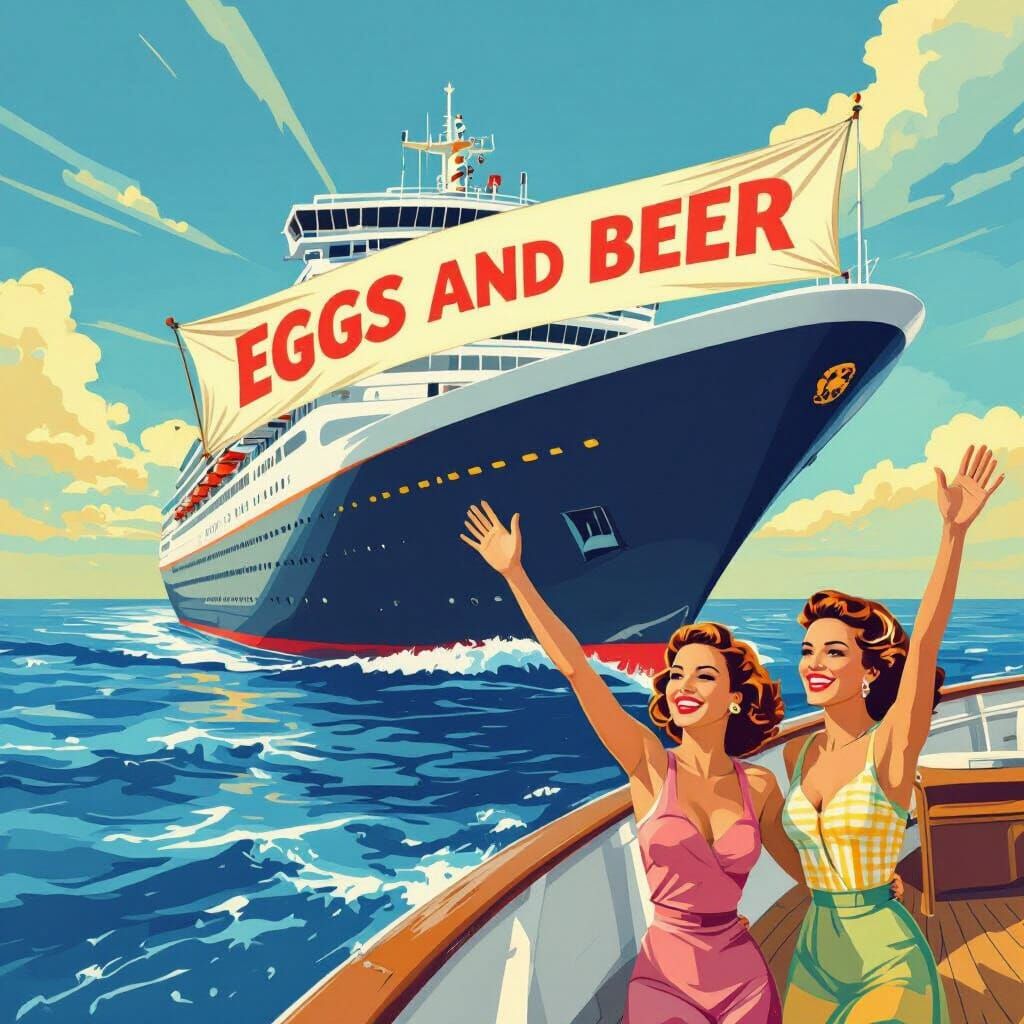 Cruise Ship with "Eggs and Beer" Banner, Retro Poster Style