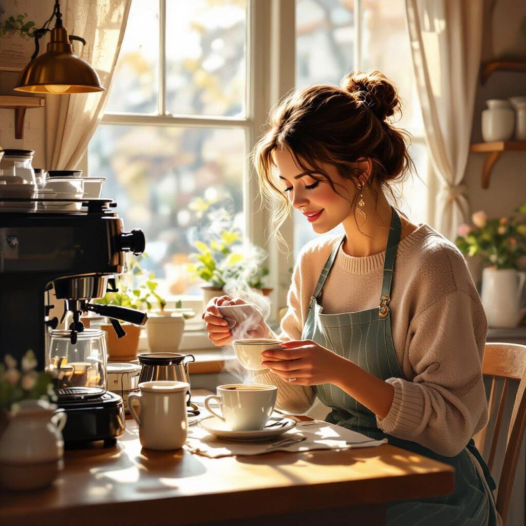 Cozy Cafe Kitchen Scene with Mom Preparing Coffee