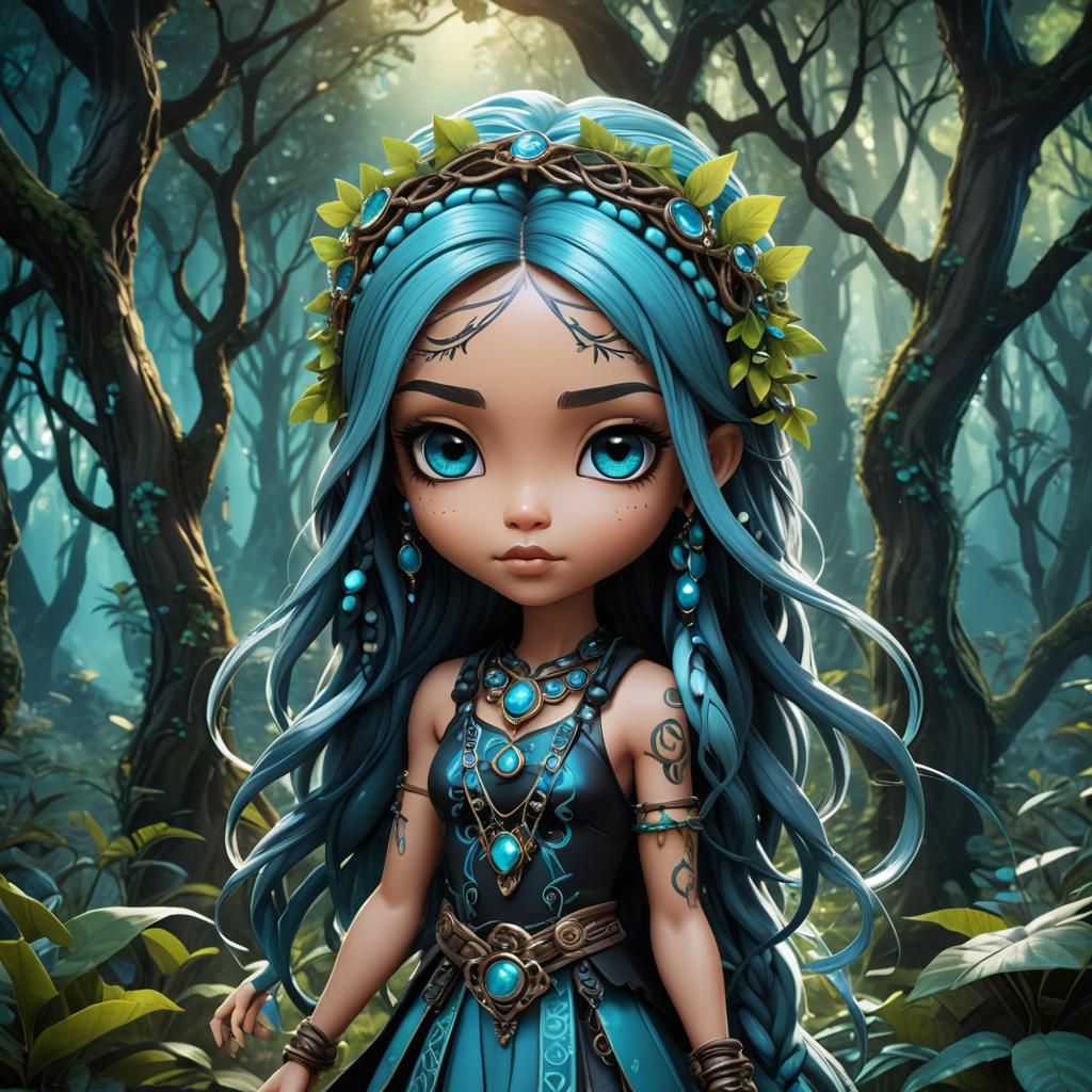 Beautiful Chibi Woman in Fantasy Forest, 3D Render