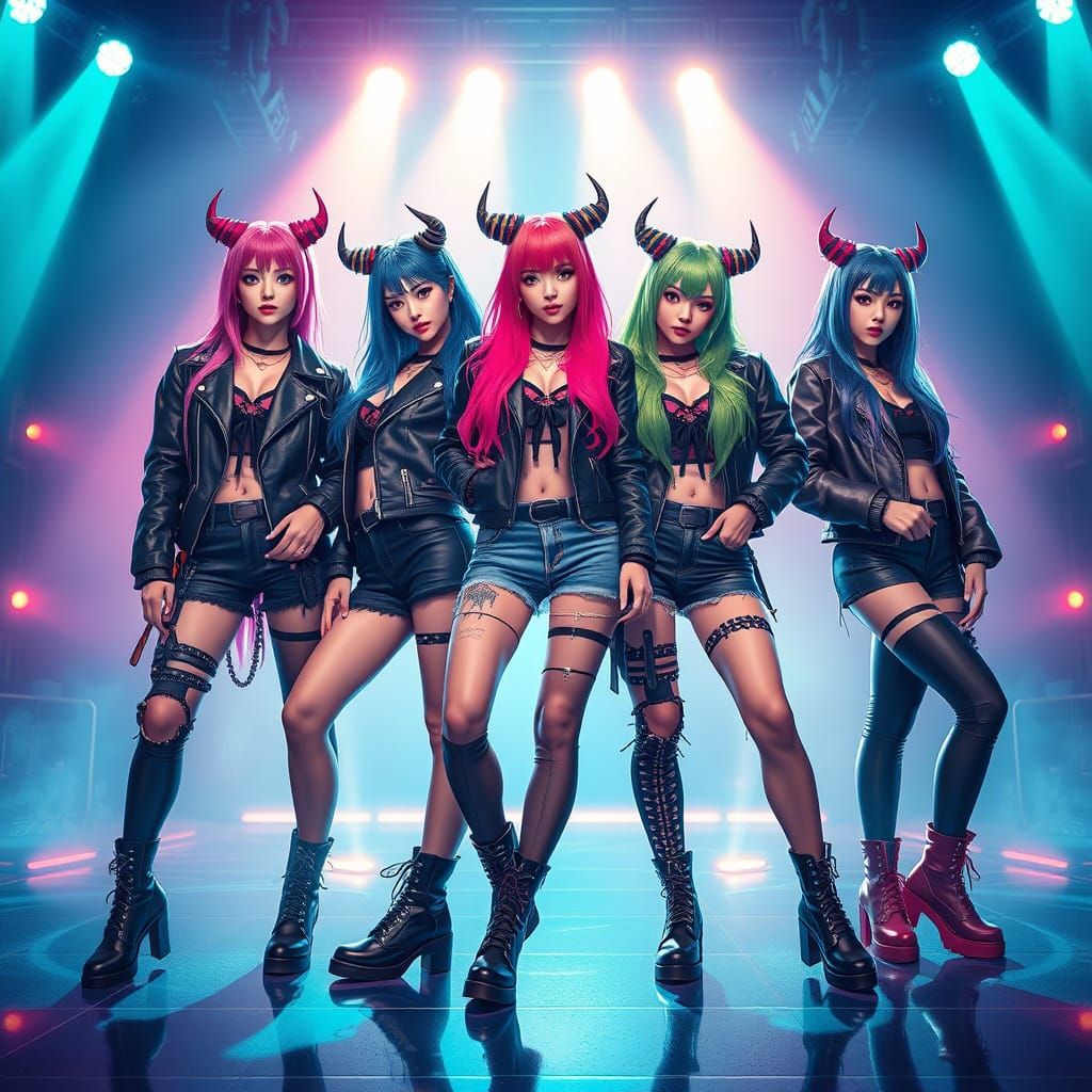 Demonic K-Pop Idols on Neon Stage: Anime Art