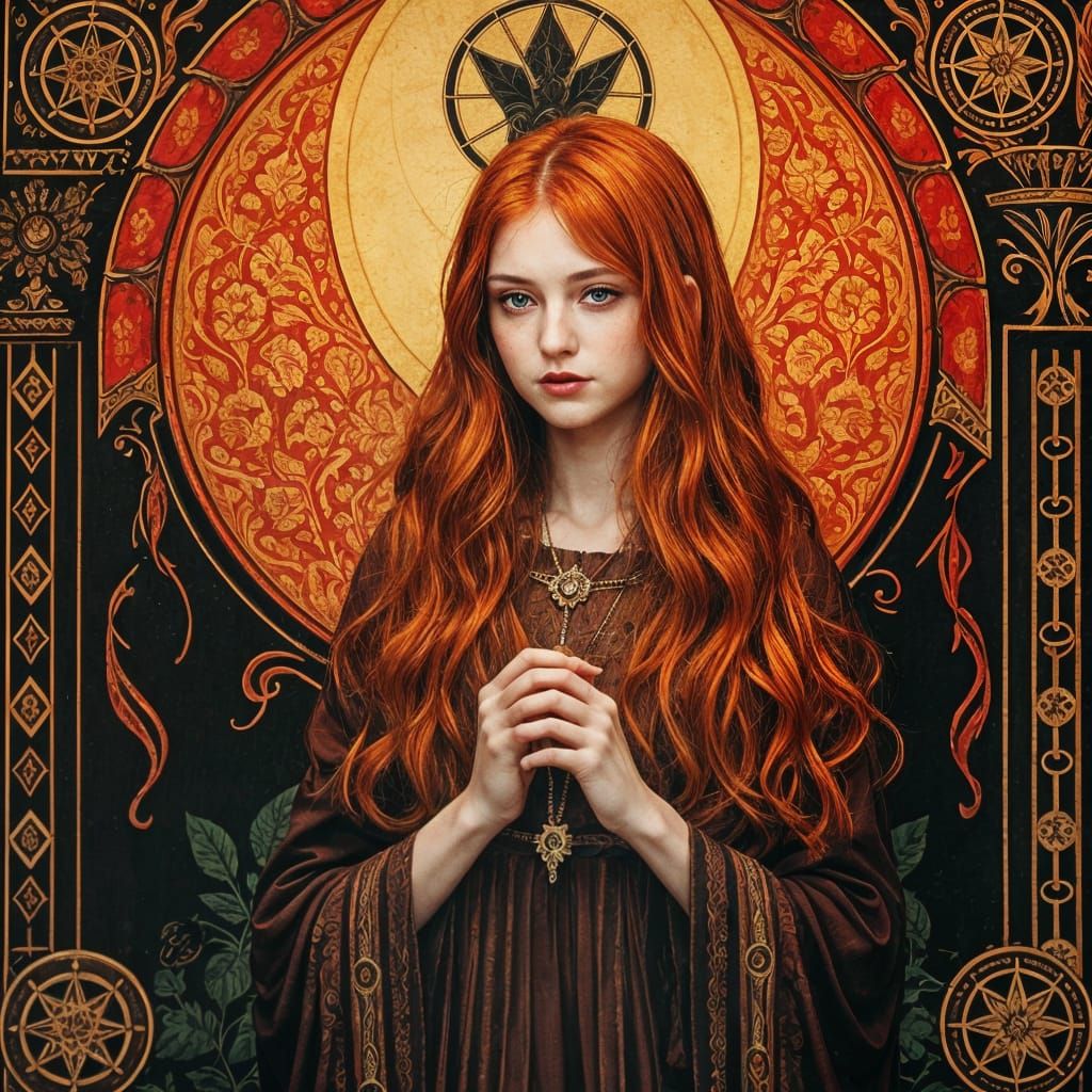 Mysterious Priestess with Red Hair and Sacred Amulet