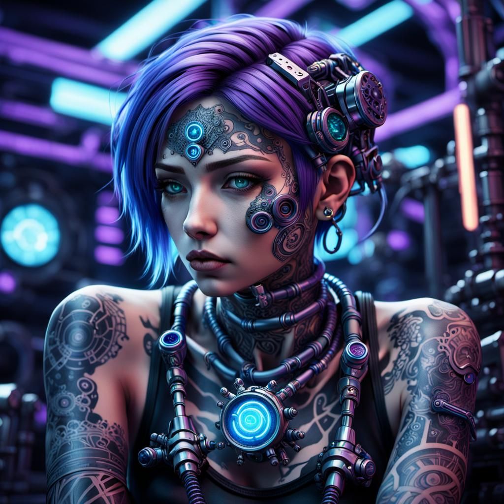 Chromepunk Female Portrait in Neon Noir Style