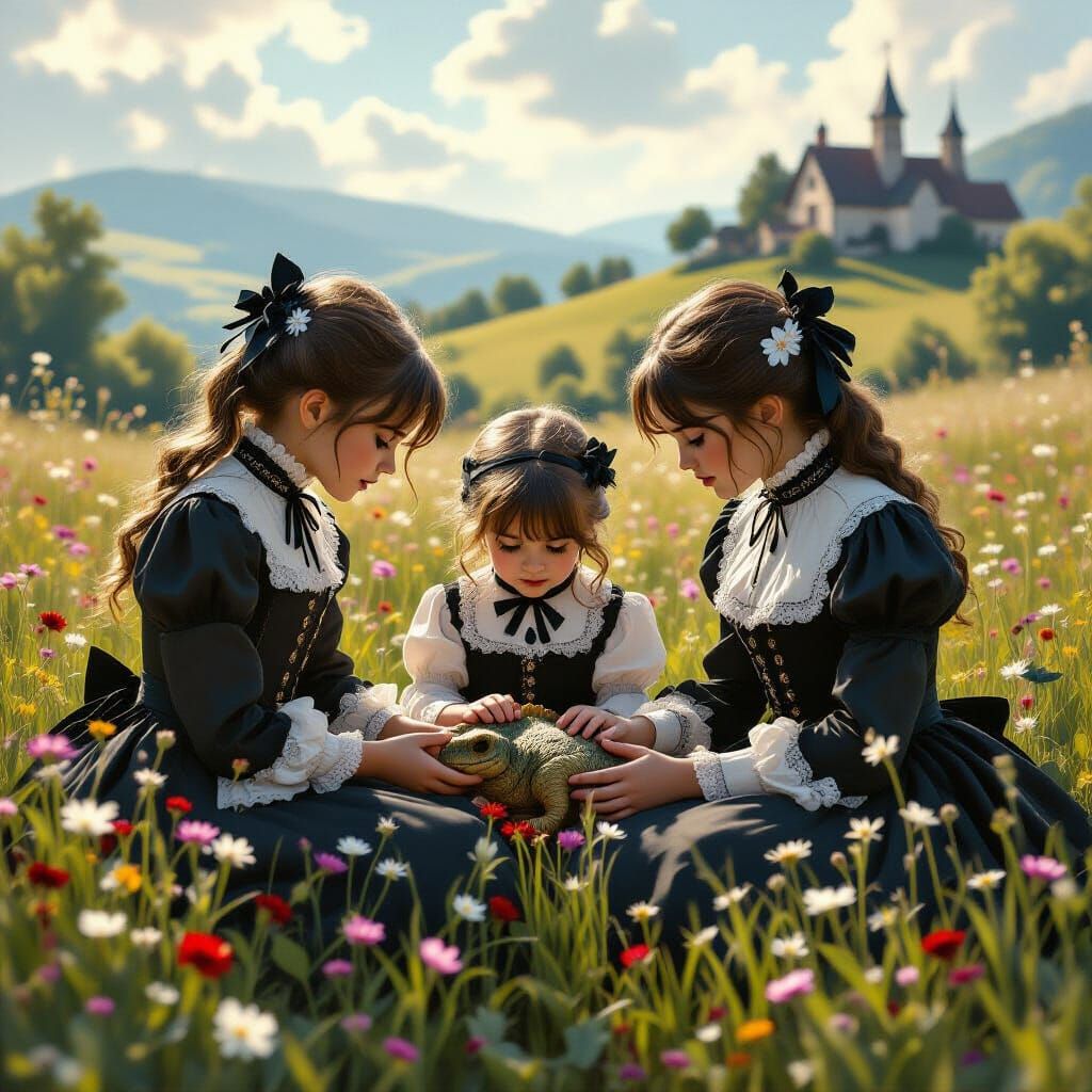 Victorian Children Mourn a Dinosaur in Meadow