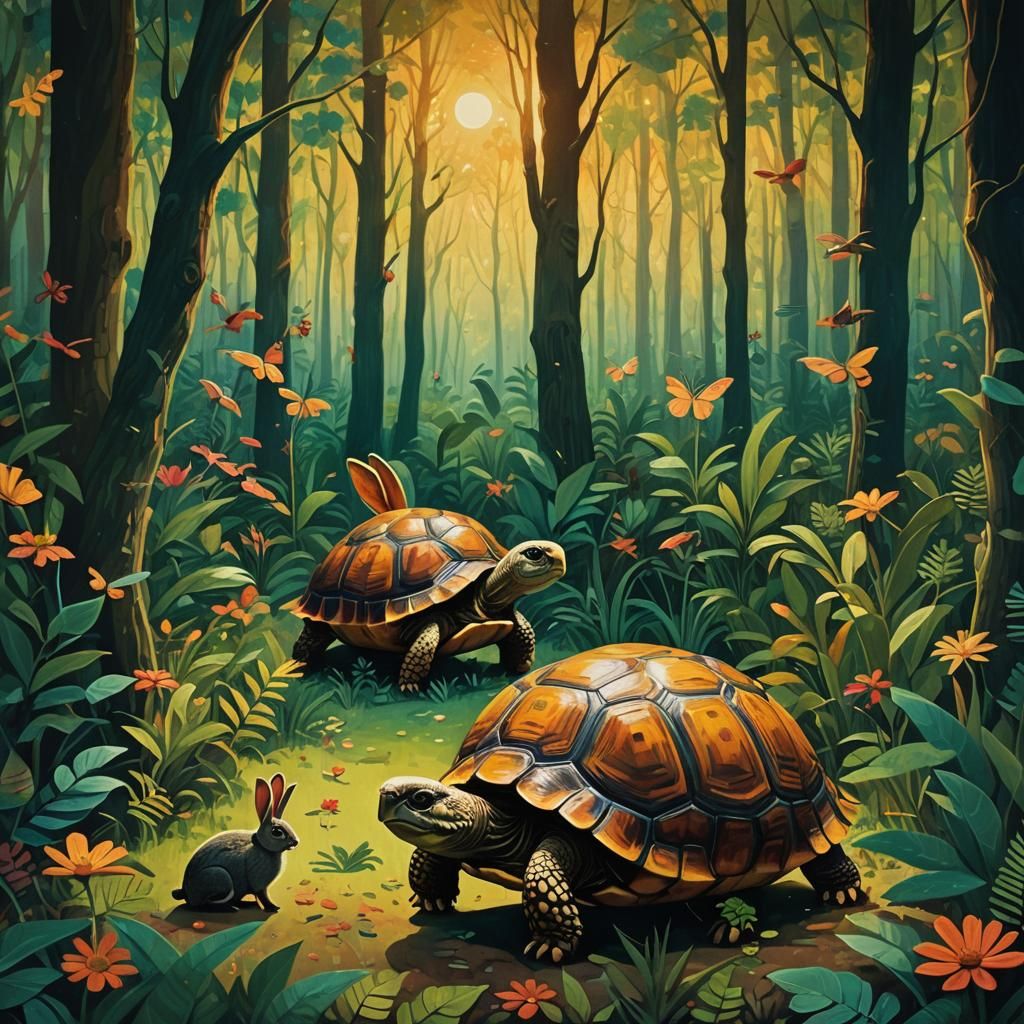 Tortoise and Rabbit in a Dreamlike Forest