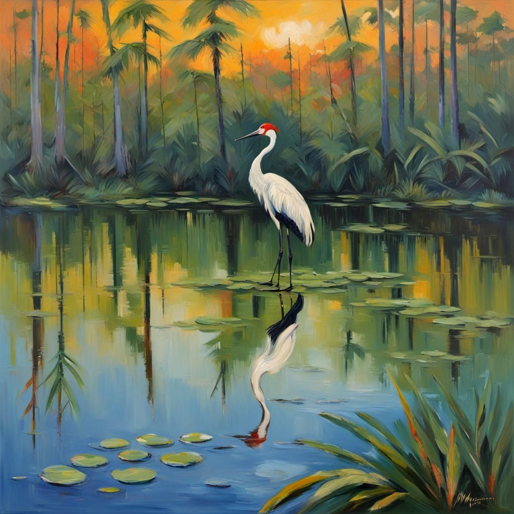 Crane in Everglades Impasto Landscape Painting