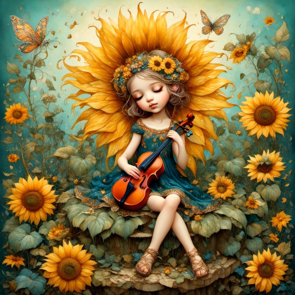 Flower Fairy Violinist on Sunflower in Dreamy Style