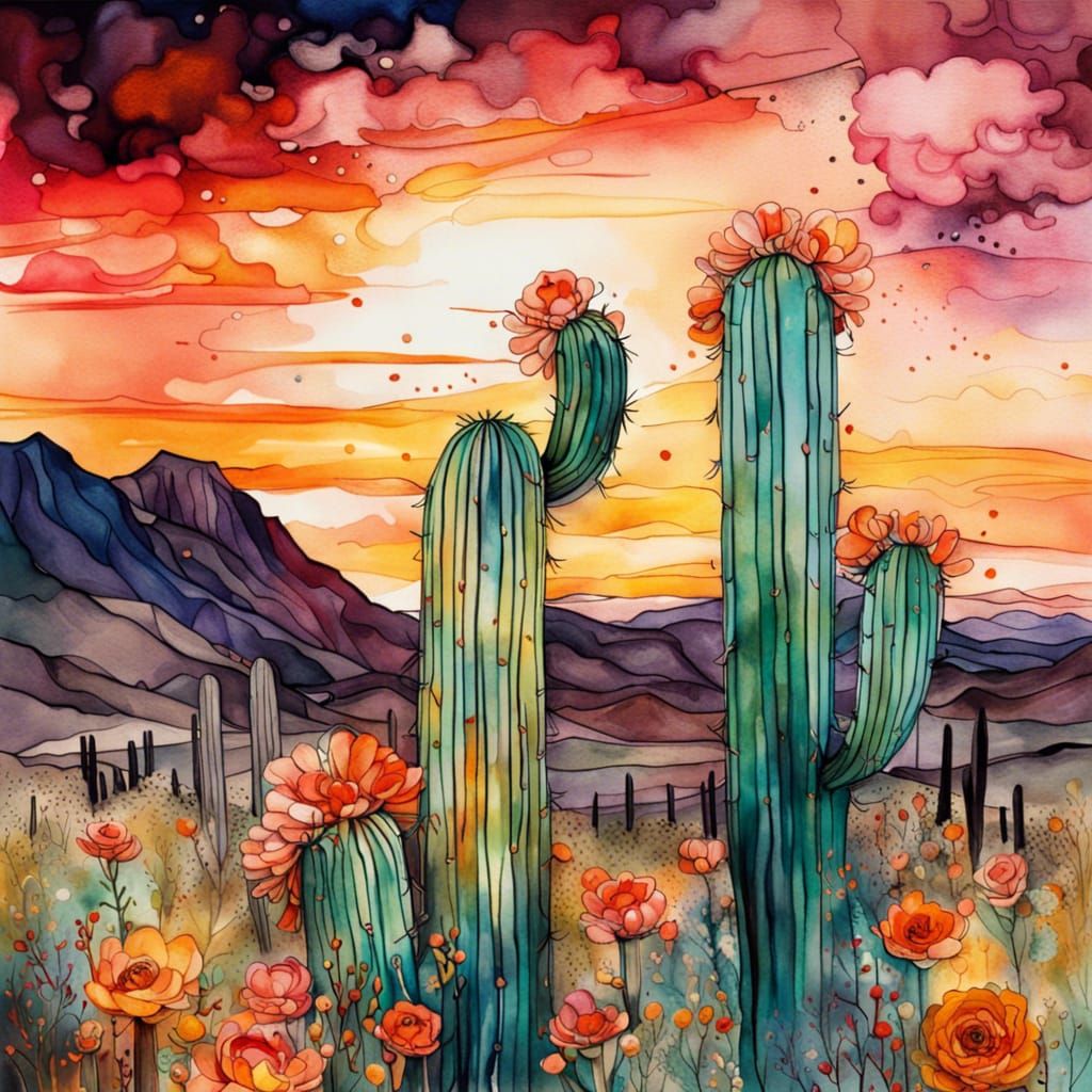 Vibrant Saguaro Desert Sunset in Watercolor and Ink