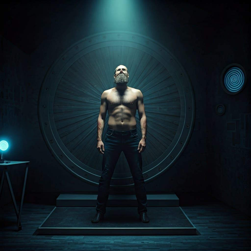 Hypnotic Wheel Captivates Bearded Man in Surreal Room