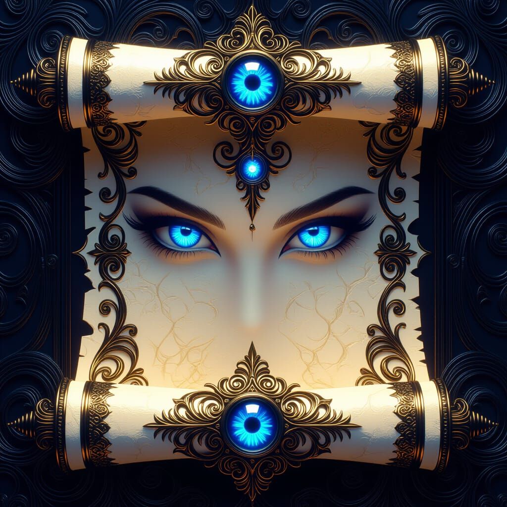 Ornate Scroll with Glowing Eyes in Dark Fantasy Style