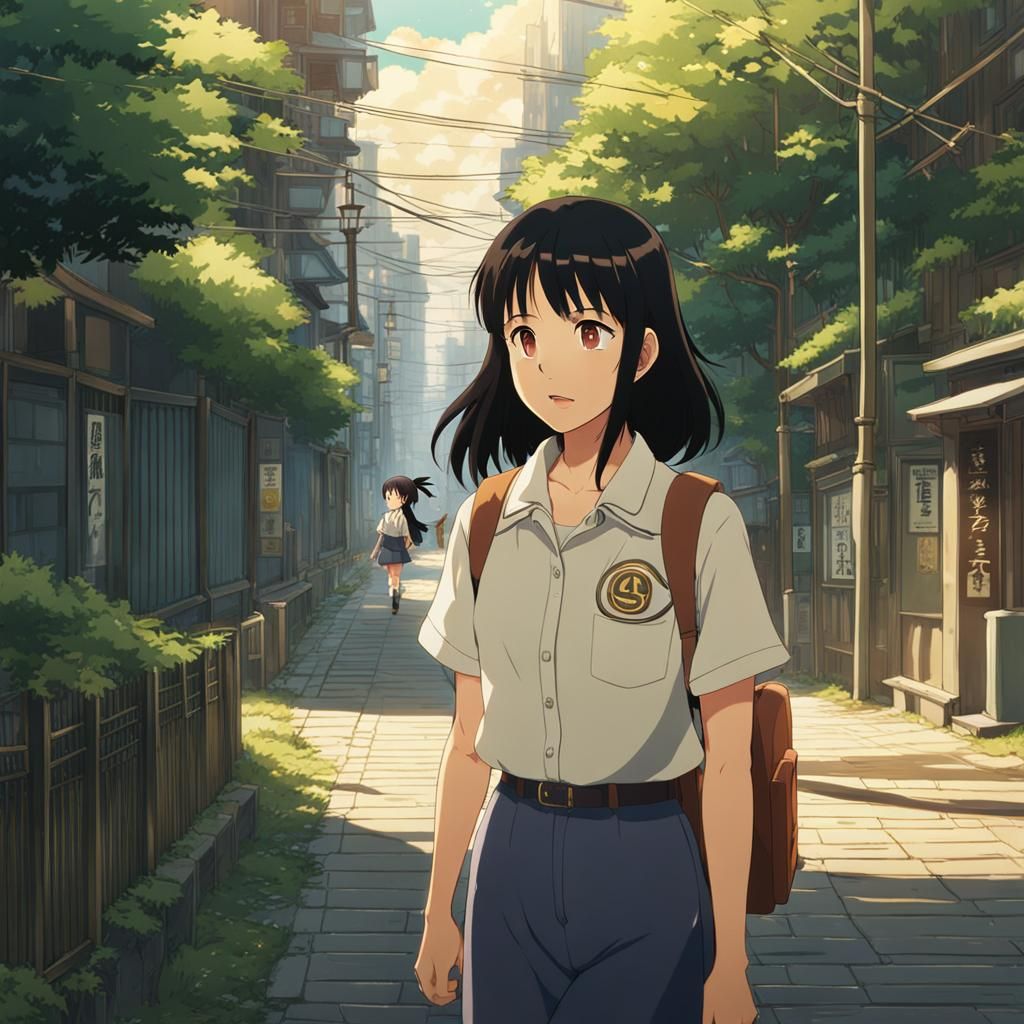 Anime Schoolgirl in Cityscape, Ghibli Style