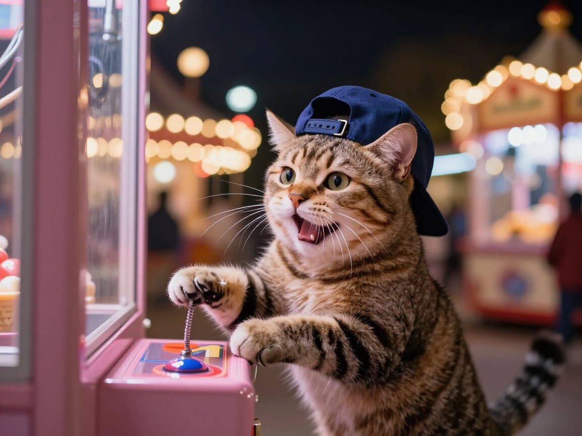 Cute Tabby Cat Plays Claw Machine in Christmas Park