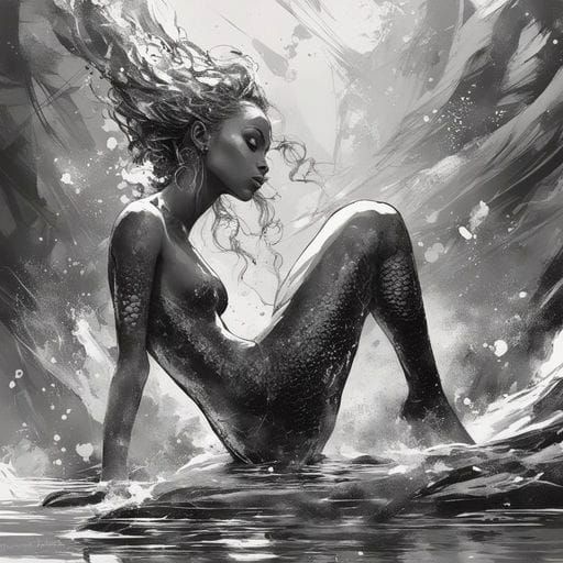 Beautiful Black Mermaid Portrait in Splash Art Style