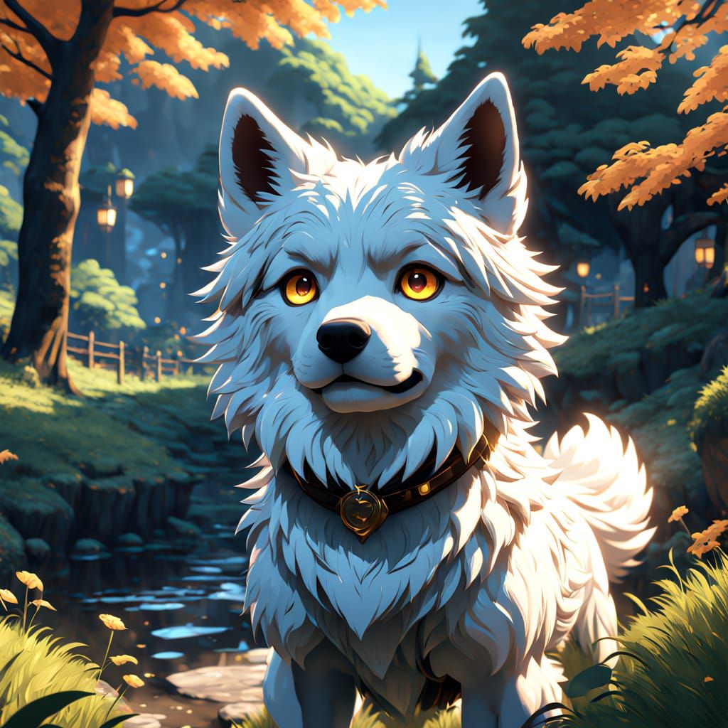 Stylized Anime Dog in Vibrant, Dreamy Landscape