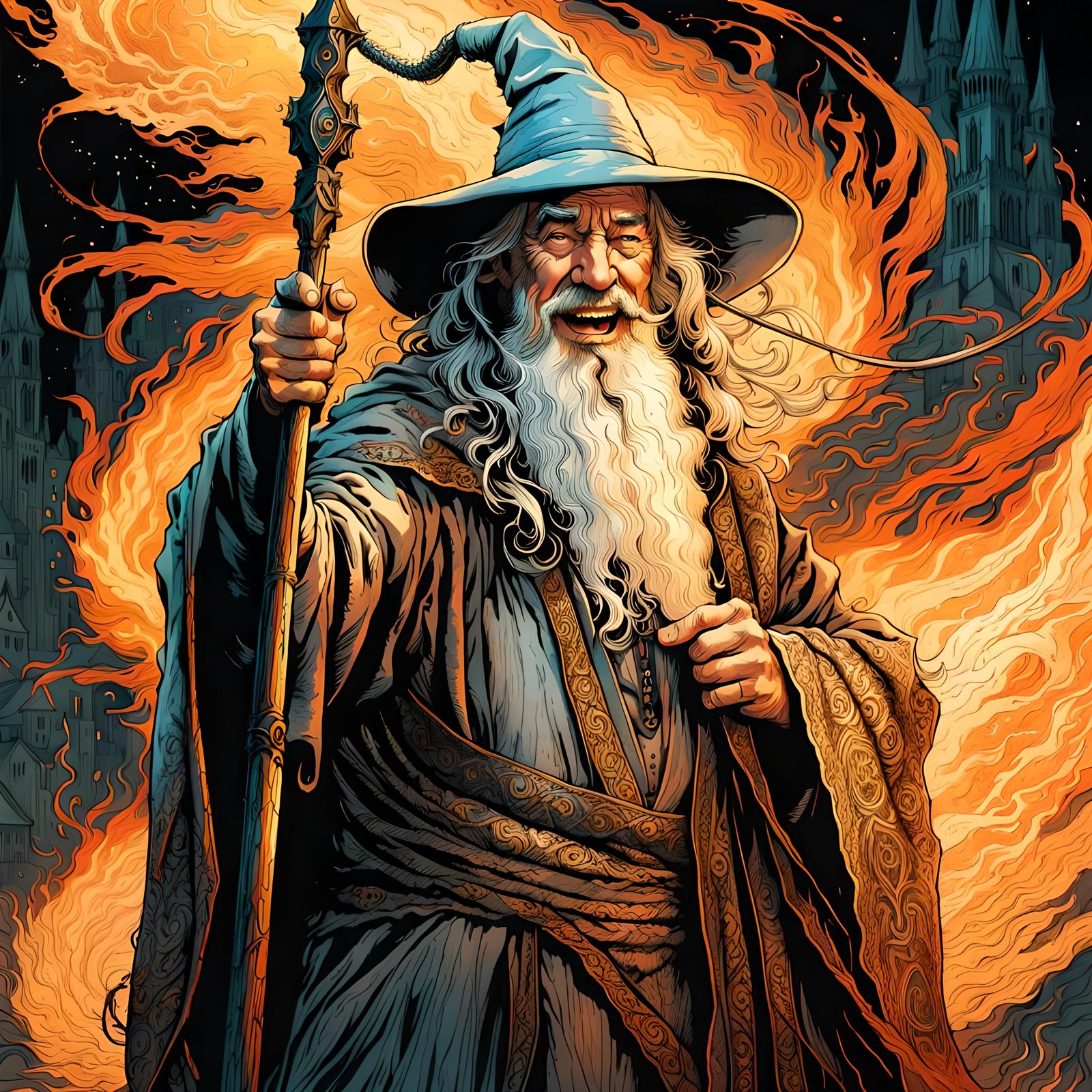 Gandalf Laughing in Elaborate Fire Robes