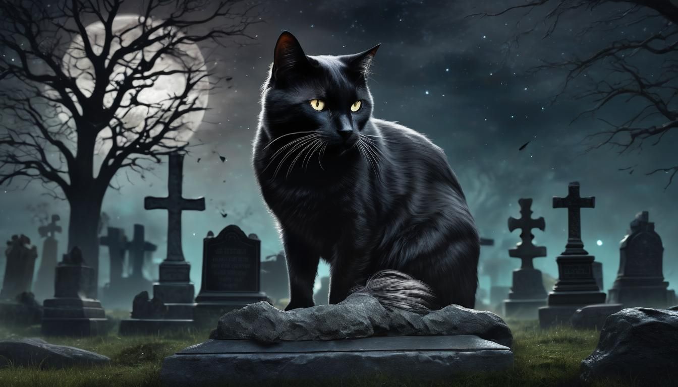 Black Cat Graveyard Scene in Hyperrealistic Digital Art