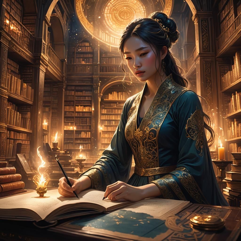 Mystical Library: Young Lady Writing Fantasy Art
