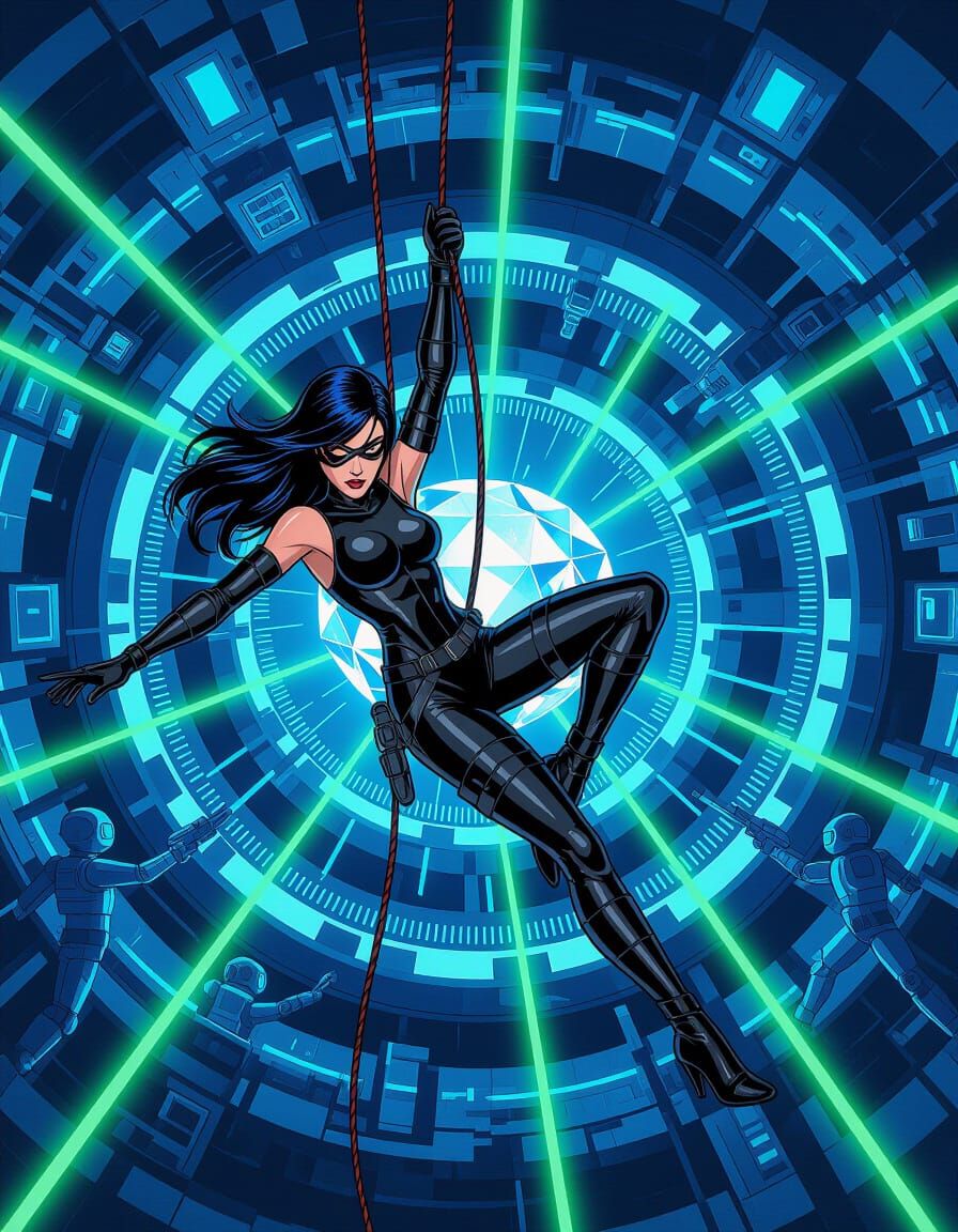 Cyberpunk Thief Descends into High-Tech Vault