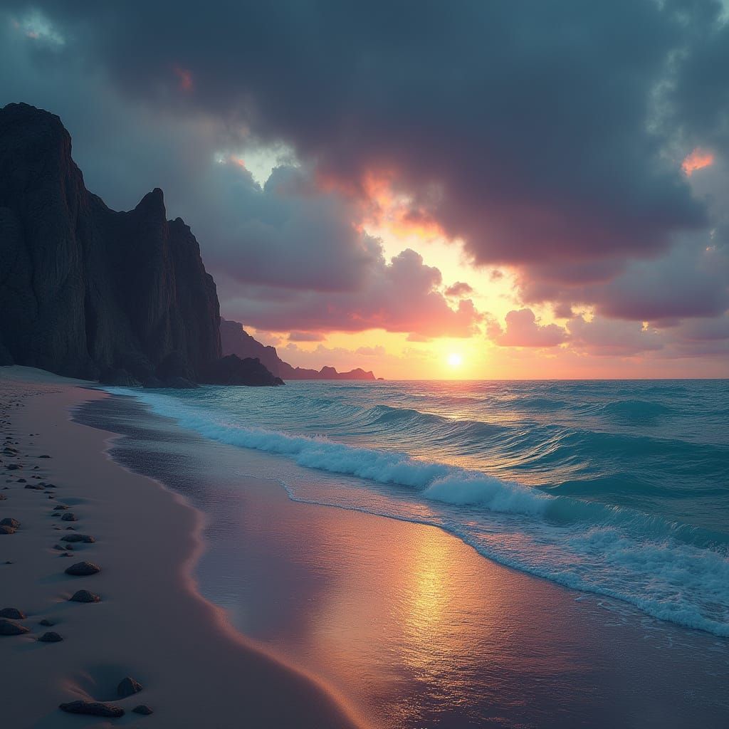 Surreal Beach Scene at Dusk with Ominous Clouds