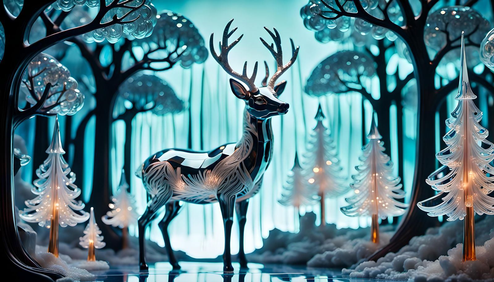 Crystal Deer in Art Deco Forest, Digital Art