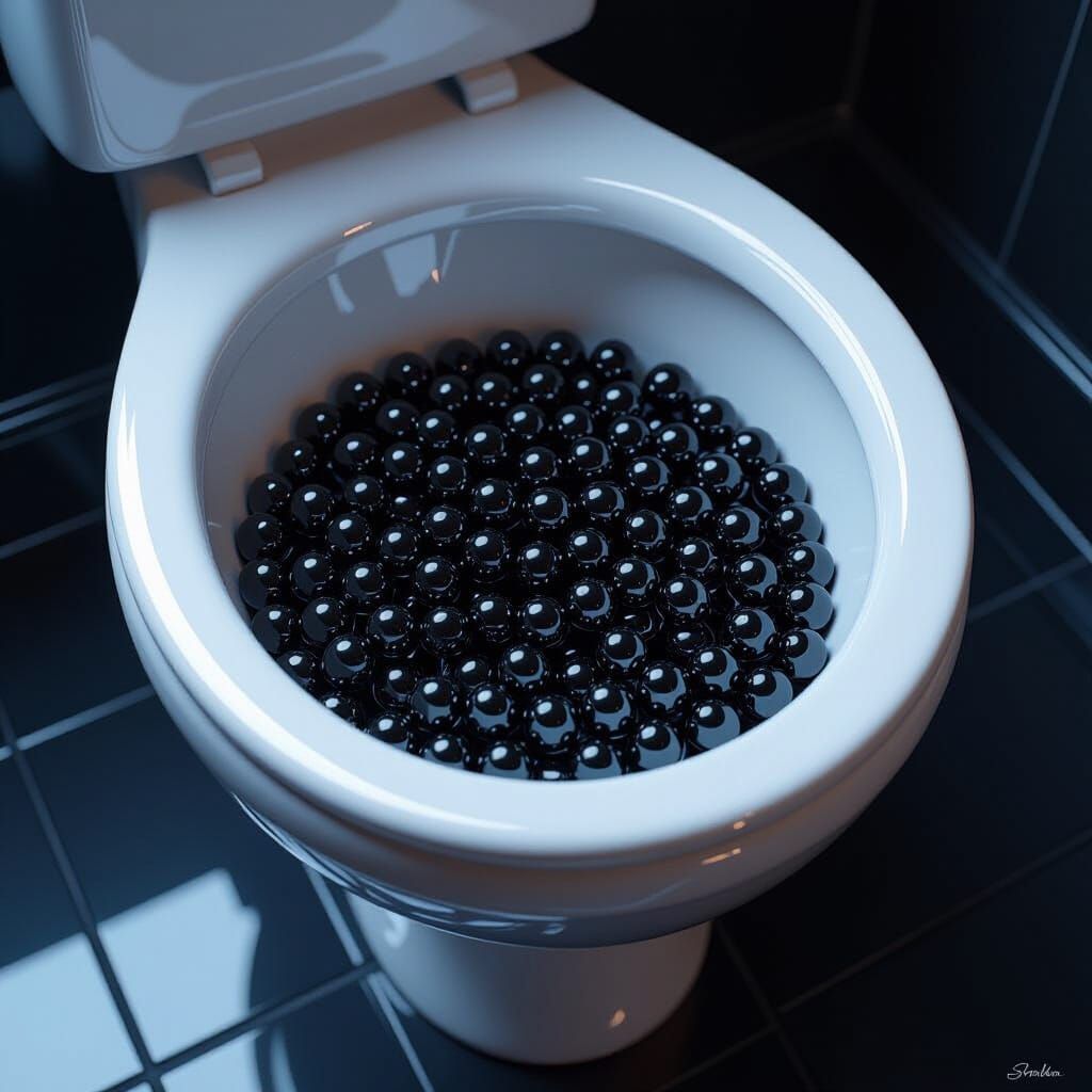 Hyperrealistic Toilet Bowl Filled with Black Beads