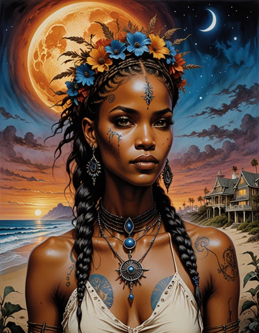 Ethereal Hippie Goddess in Psychedelic Sunset