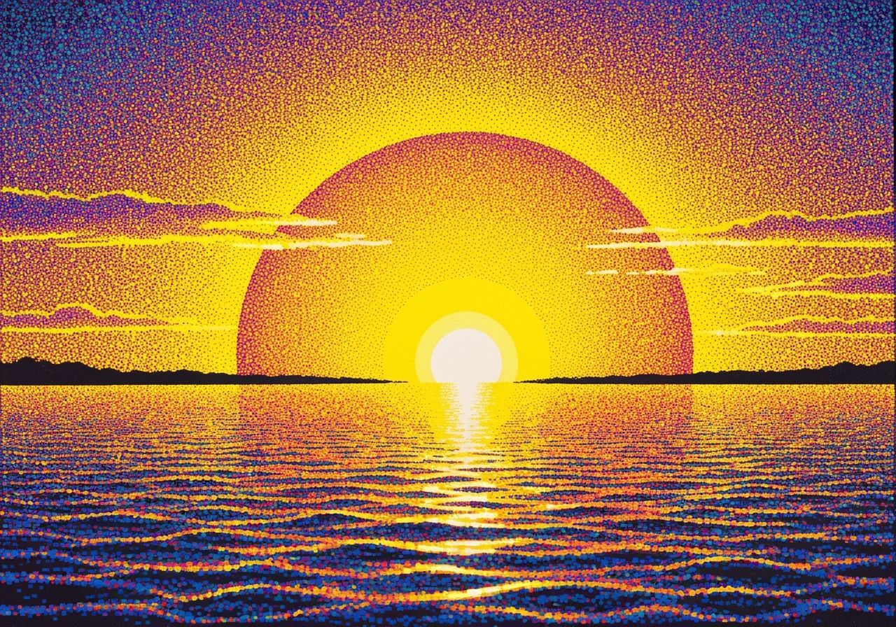 Vibrant Psychedelic Sunset Over Water in Yellow Tones