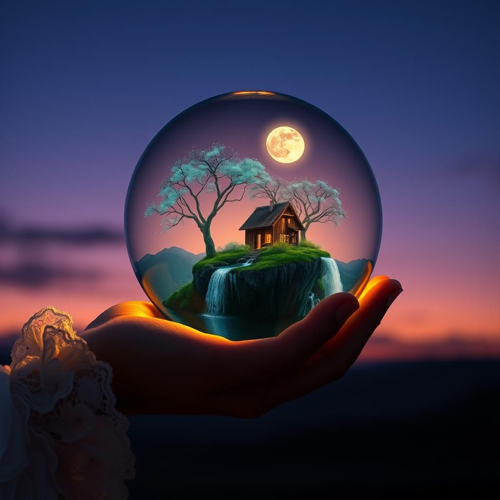 Hand Holding Surreal World in Glass Ball