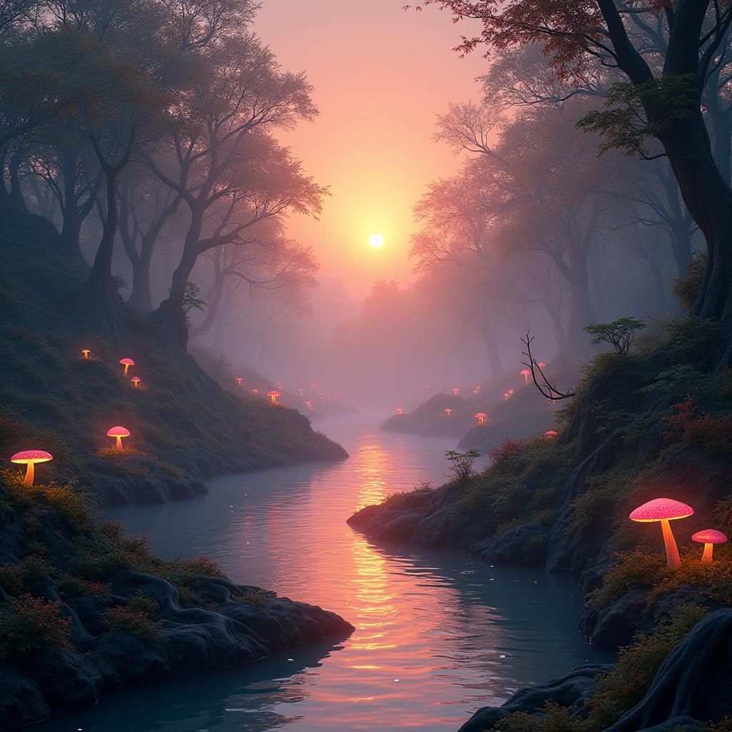 Misty River with Glowing Mushrooms at Sunset