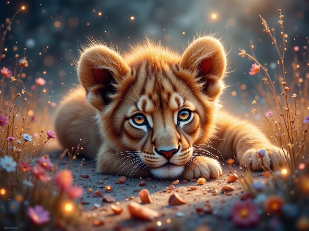 Adorable Lion Cub with Proteas in Fantasy Art