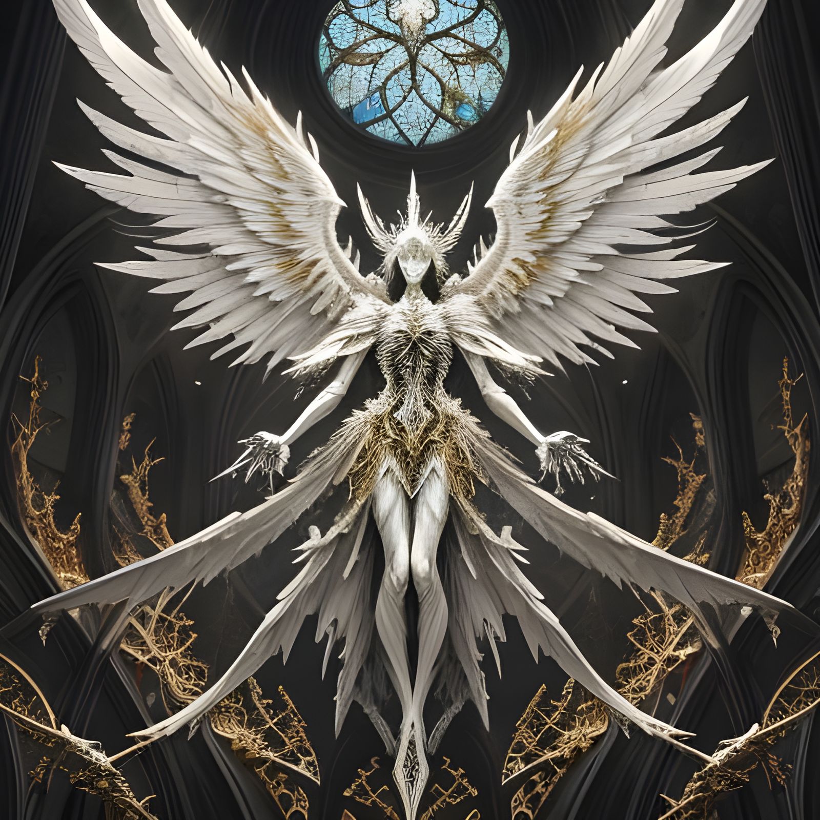 Fractured Skeletal Angel in Gothic Setting