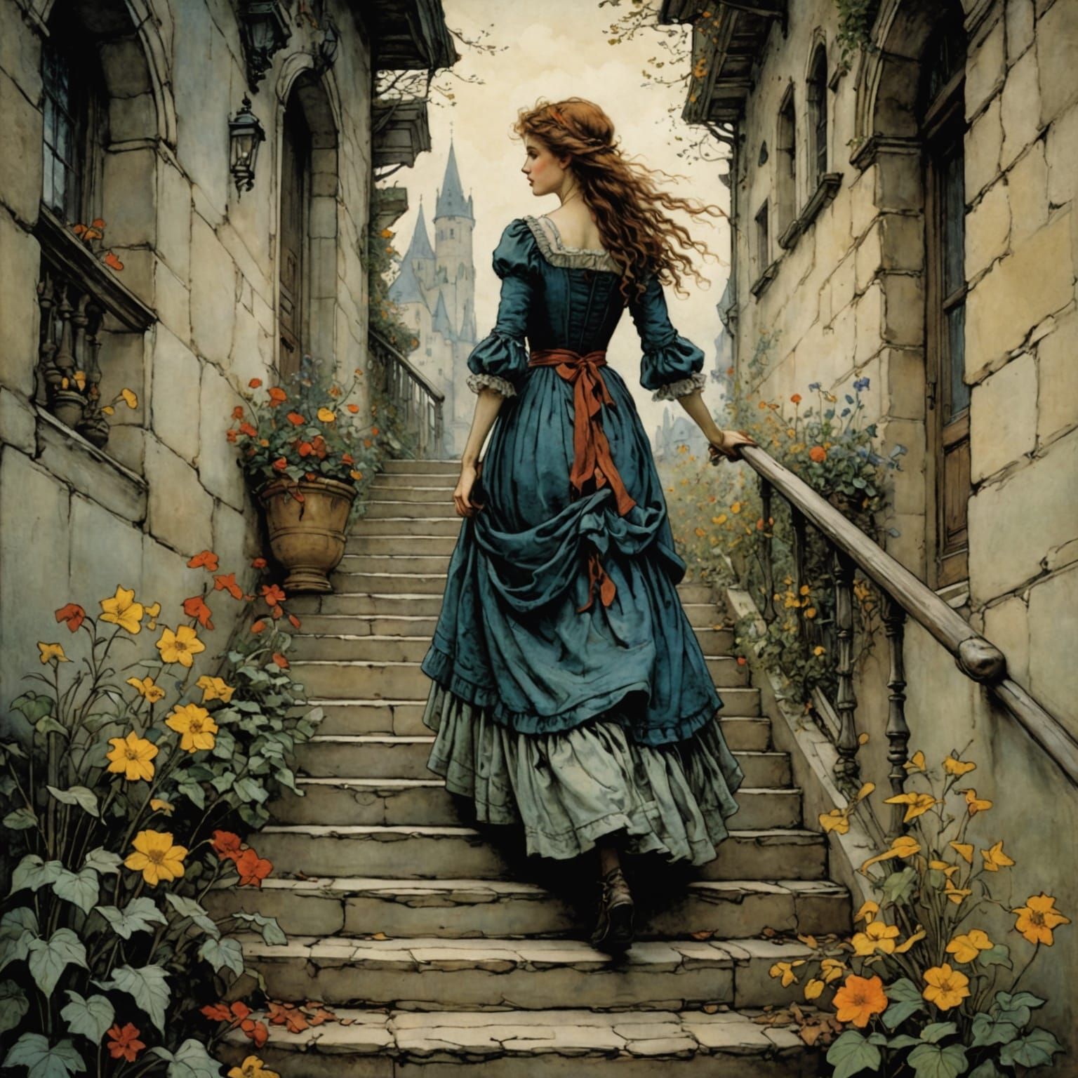 Whimsical Fairytale Woman Descends Stairs in Dreamlike Manne...