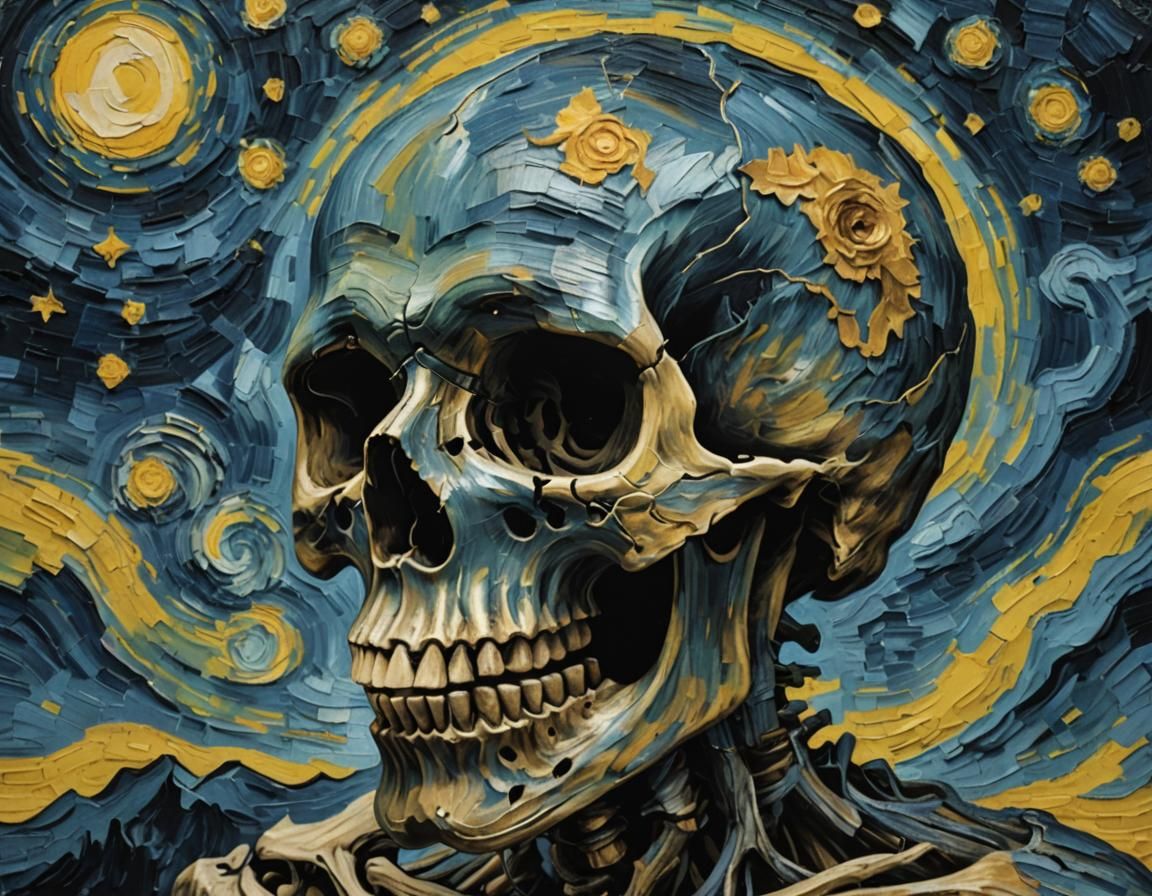 Monochrome Skull Portrait in Van Gogh Style